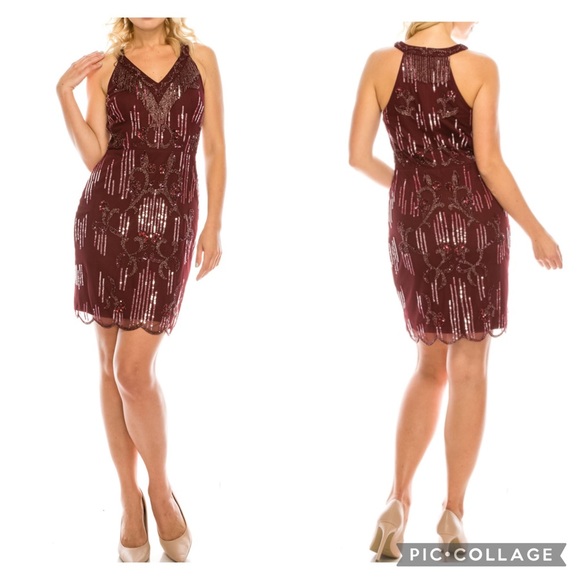 Aidan Mattox fringes V- neckline sleeveless beaded cocktail dress - Picture 3 of 9